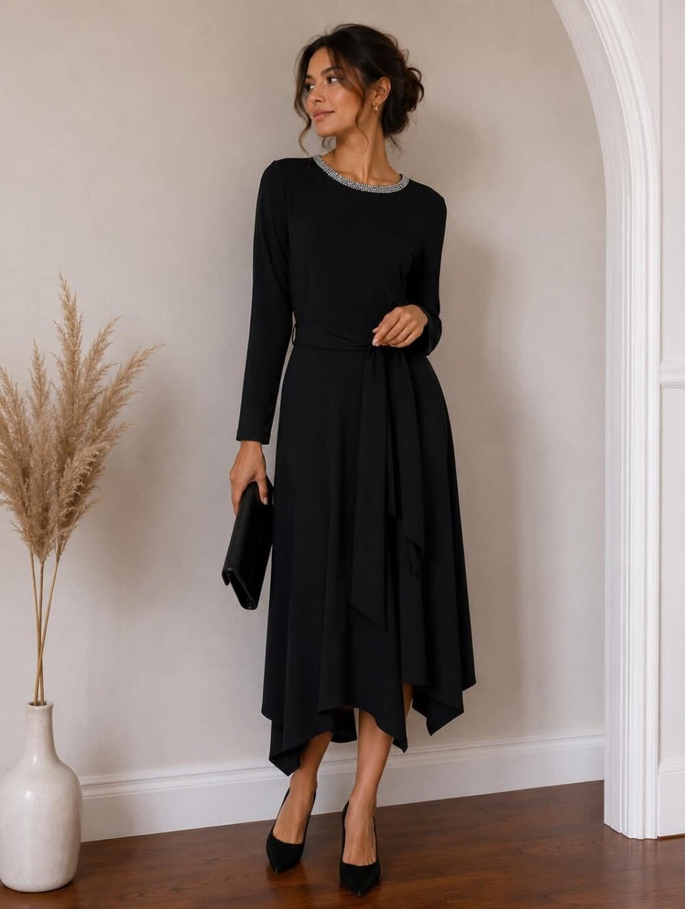 NEW Michael Kors Black Long Sleeve Dress with Embellished Neckline